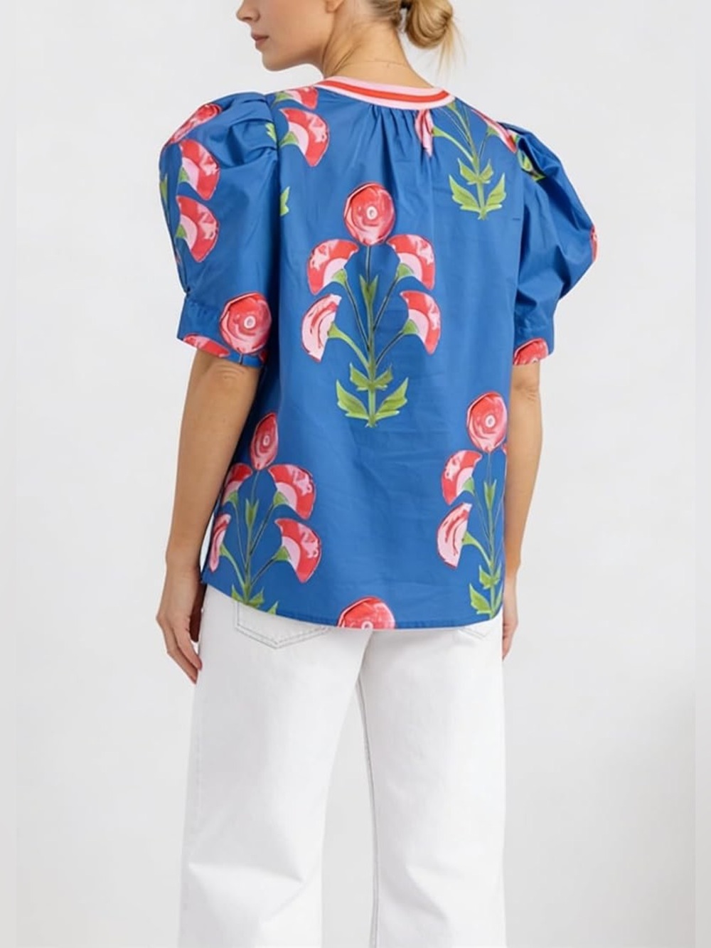 Entro Blue Floral Puff-Sleeve Blouse with Pink Trim Poplin Top Size Medium - Picture 9 of 10